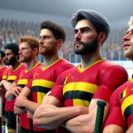 A high-resolution photo simulating realism of a Belgian hockey team on the verge of competing in the Olympics. The team radiates excitement and anticipation. The players, a diverse mix of Caucasian and Middle-Eastern descent, with both male and female athletes, are clad in national colors with hockey sticks in hand. The scene captures the energy, nerves and dedication. You can observe the thoughtful expressions, the grip on their hockey sticks, the patriotic jerseys, and even the unique mingling of personal and national pride in their eyes.