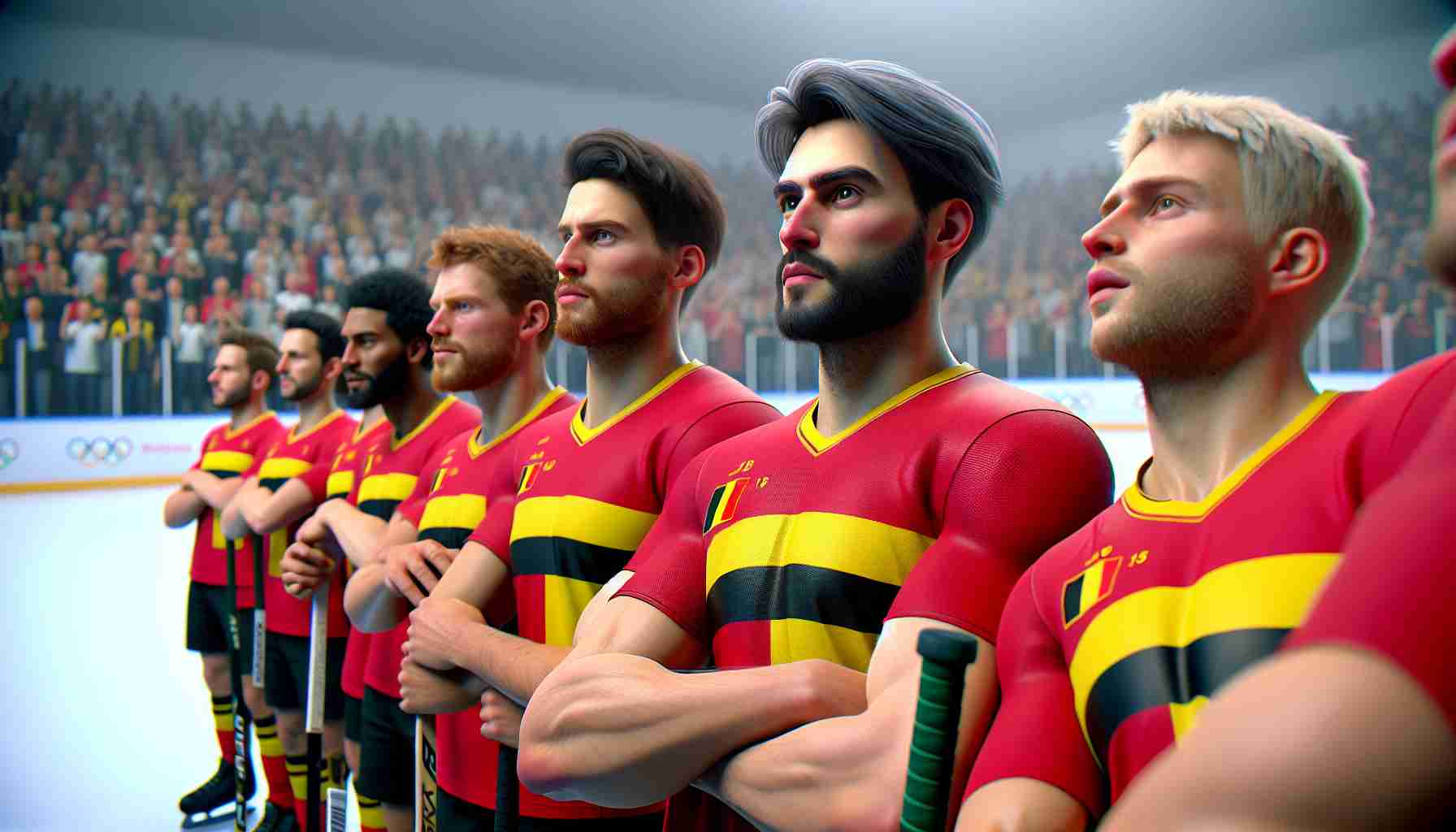 A high-resolution photo simulating realism of a Belgian hockey team on the verge of competing in the Olympics. The team radiates excitement and anticipation. The players, a diverse mix of Caucasian and Middle-Eastern descent, with both male and female athletes, are clad in national colors with hockey sticks in hand. The scene captures the energy, nerves and dedication. You can observe the thoughtful expressions, the grip on their hockey sticks, the patriotic jerseys, and even the unique mingling of personal and national pride in their eyes.