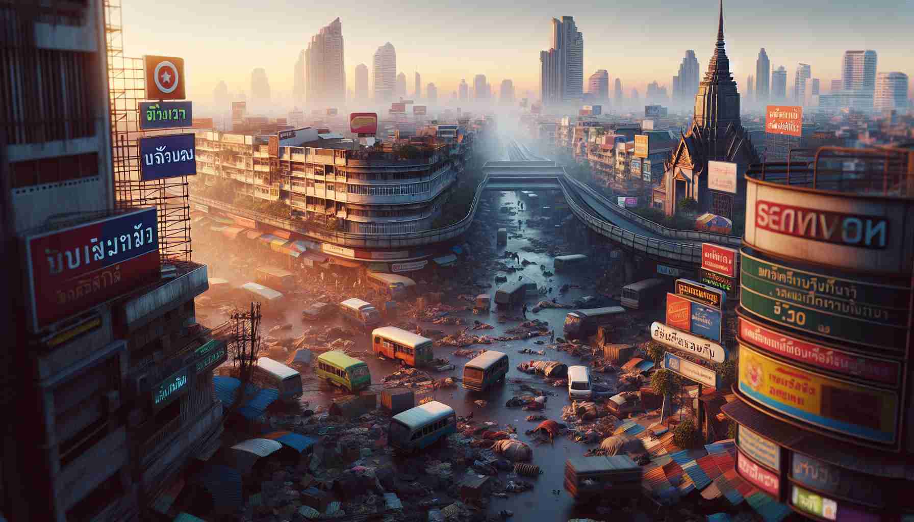 Realistic high-definition image of an unfortunate finding in the central region of Bangkok, Thailand. It showcases an urban scene within this densely populated city, filled with its notable landmarks, vibrant signs in Thai language, and bustling streets filled with vehicles and passersby. However, the main focus is on the tragic discovery, without including any violence or disturbing elements. Keep the atmosphere somber and the color palette consisting of sundown hues to emphasize the tragedy.