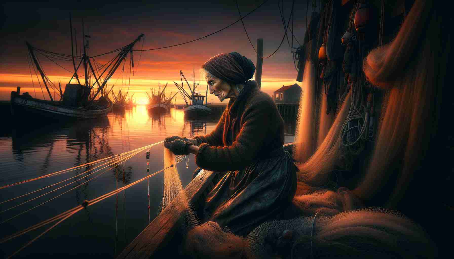 Generate a realistic, high-definition photo of a Middle-Eastern female fisherman experiencing her final hours of work along the Schelde River. The scene should capture the rich sunset hues painting the sky, with the calm river reflecting the warm tones. The fisherman should be seen pulling on her lines, anticipation and weary resolve etched on her weathered face. The background should consist of traditional fishing nets and antiquated, rustic fishing gear, a testament to her dedication and life spent at sea.