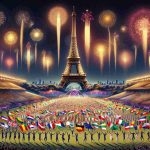 Captivating high-definition illustration of the opening ceremony at an iconic international sports event held in Paris. Visualize grand fireworks lighting up the night sky by the Eiffel Tower, while a multitude of athletes, diverse in their racial and gender representation, joyously march in, each holding the flags of their respective nations. The atmosphere is electric with anticipation and collective camaraderie. The spectators cheer enthusiastically, their faces filled with excitement and pride.