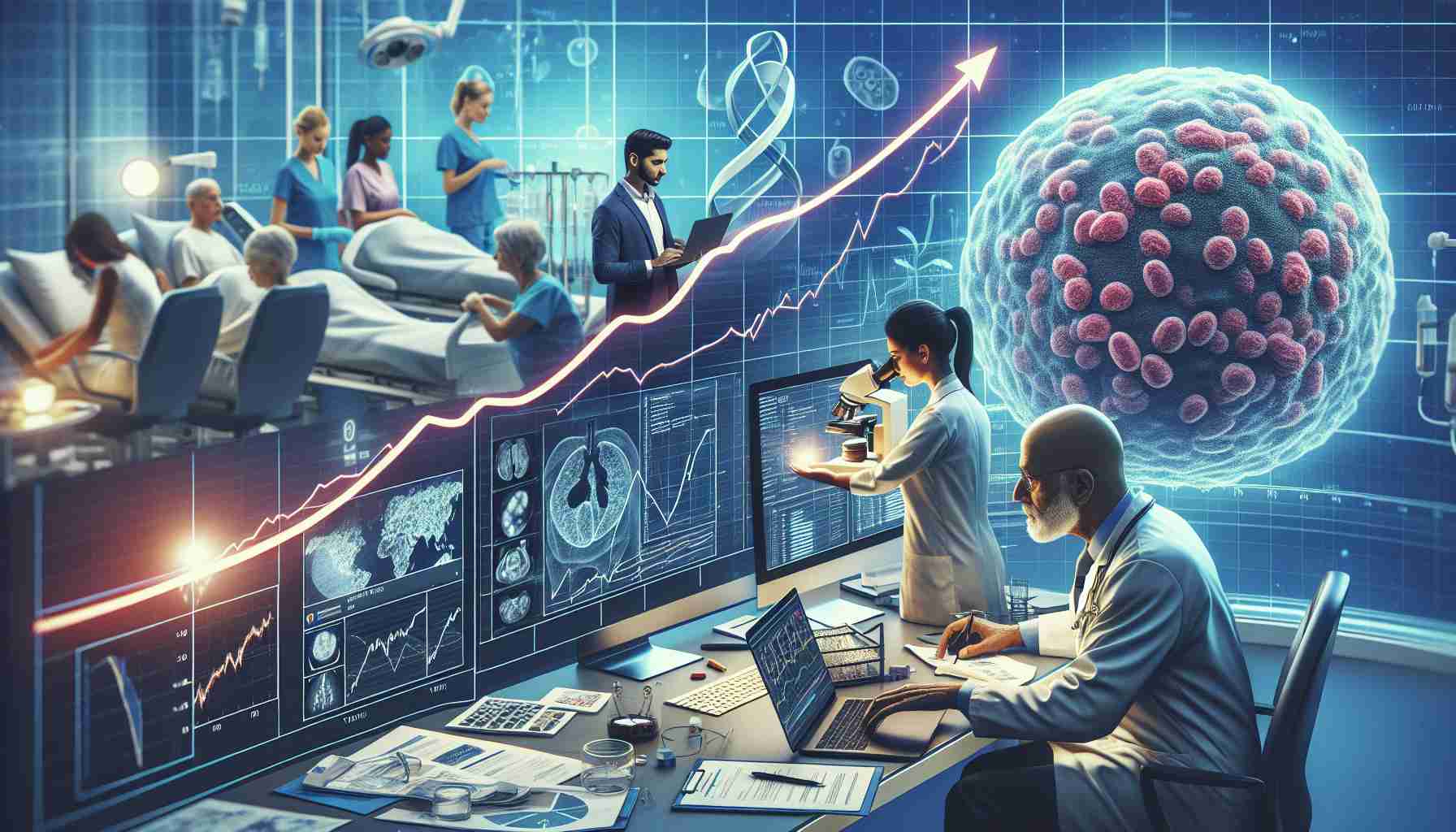 A detailed, high-definition image that symbolizes advancements in cancer treatment leading to higher survival rates. This scene might include a rising curved graph chart where the y-axis represents survival rates and the x-axis represents time (years). The graph should indicate a significant positive trend. Nearby, a doctor of South Asian descent should be seen working on a laptop, displaying data related to cancer treatments. On another side, a researcher of Middle Eastern descent is developing a new drug under a microscope. In the background, diverse patients of different genders and descents could be seen receiving treatment in a state-of-the-art medical facility.