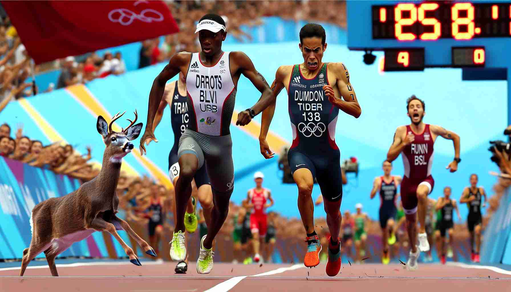 A high-definition image capturing an unexpected moment during an Olympic triathlon event. Picture two male athletes, one Black and one Hispanic, nearing the finishing line, both equally exhausted yet determined. Suddenly, a wild deer, startled by the commotion, unexpectedly leaps across the track just a few feet ahead of them, in mid-air, with the audience in the background gasping in surprise.