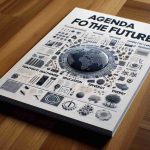 Realistic high definition image of a detailed document titled 'Agenda for the Future', placed on a polished wooden table. The document could include sections on topics such as healthcare, education, energy, and technology. The surroundings hint towards a formal and professional setting.