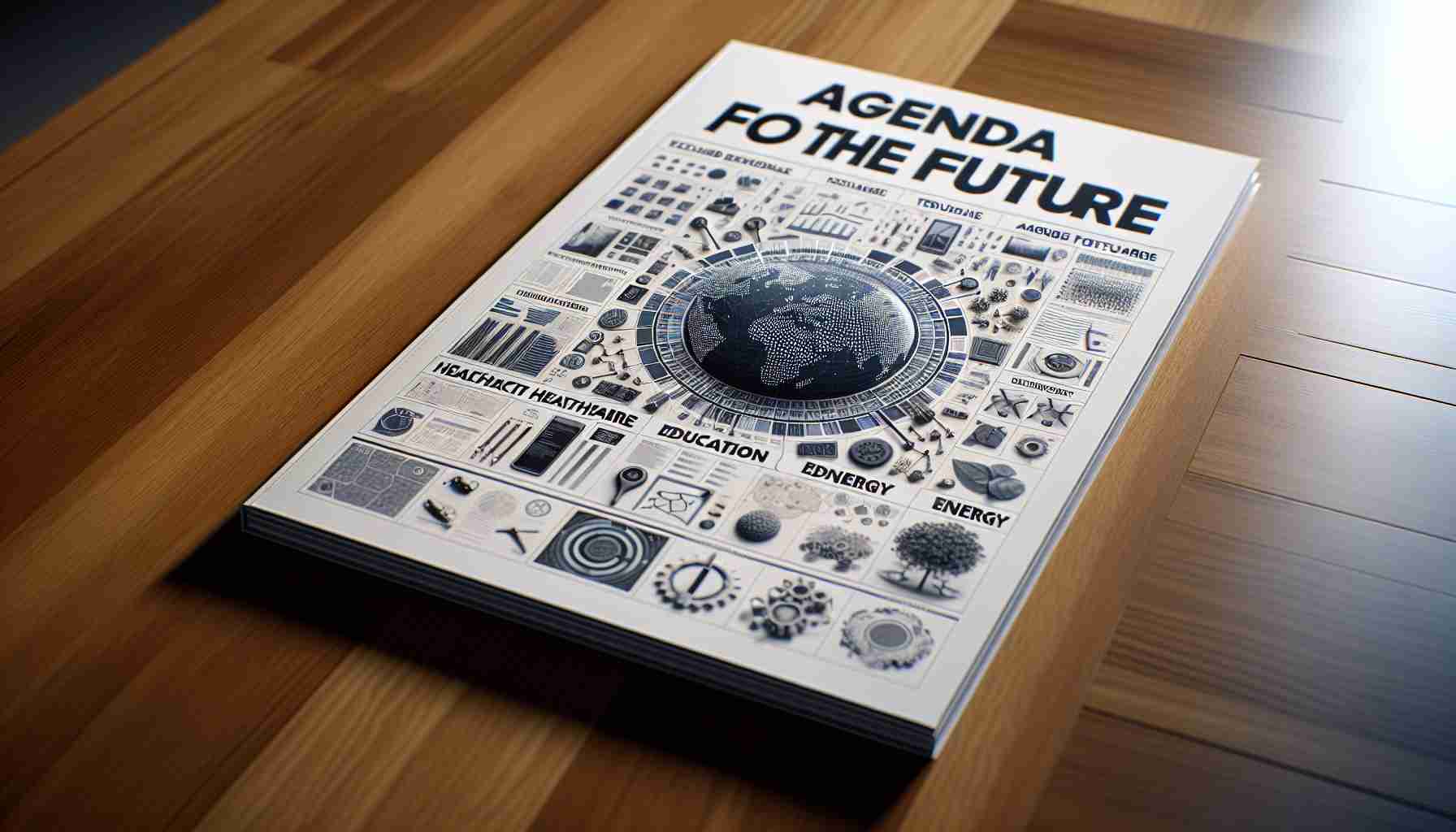 Realistic high definition image of a detailed document titled 'Agenda for the Future', placed on a polished wooden table. The document could include sections on topics such as healthcare, education, energy, and technology. The surroundings hint towards a formal and professional setting.