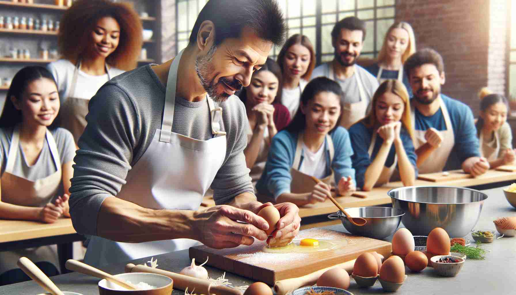 Create a high-definition, realistic image showcasing a Japanese cooking class. The focus of the culinary lesson is on eggs, creating an air of excitement and culinary exploration. Depict a diverse array of aspiring chefs of differing genders and descents, wearing aprons and eagerly watching the demonstration by a middle-aged, Hispanic male instructor. The instructor is skillfully cracking an egg while various Japanese ingredients and cooking utensils are spread around the countertop.