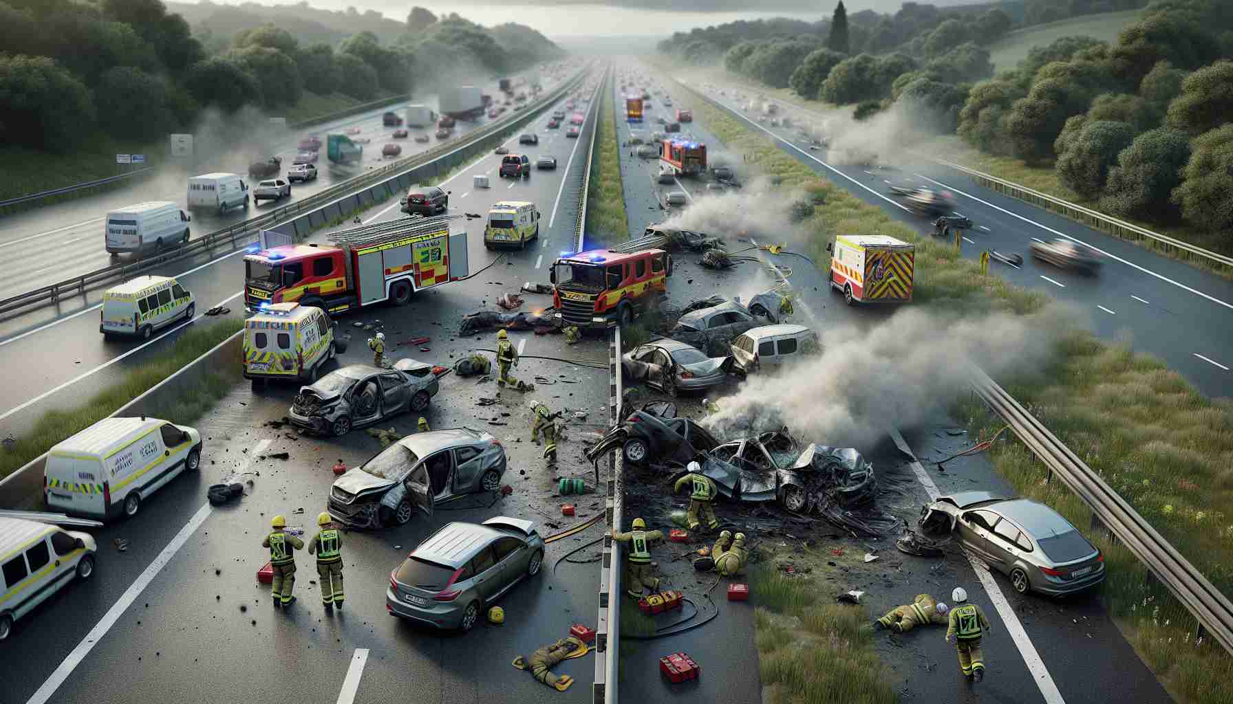 A realistic, detailed image in high-definition of a tragic incident on the E40 expressway, involving multiple vehicles. The image features damaged cars intertwined in a fatal collision with smoke and dust uprising from the accident, showcasing the somber aftermath of the incident. Please include rescue teams of diversely represented people rushing to the scene, emergency vehicles with flashing lights, and the relentless efforts they put into saving lives. The backdrop includes the wide road alleviated by road-side greenery under the overcast sky, devoid of traffic as the area has been cordoned off.