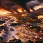 High definition, realistic depiction of a dramatic scene unfolding at a coastal resort. The landscape should feature grand tracts of beach, palm trees and resort buildings. The sky is ablaze with sunset, casting long, ominous shadows on the area. The scene should suggest an air of tense anticipation, with resort staff, of different genders and descents like Middle-Eastern, Hispanic, White, Black and South Asian, hurriedly taking safety measures. Perhaps a yacht is drifting aimlessly in the rough sea. Please do not portray violence, gore, or devastation, but suggest the impending tragedy through the stormy sky, agitated ocean and anxious people.