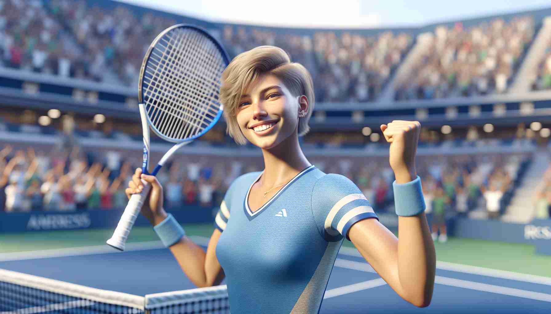 Realistic high-definition illustration of a generic female professional tennis player, with short blonde hair and a fit physique, exuding joy and holding her racket high as she secures a win at a major tennis tournament, similar to the US Open. She is clad in a blue sports outfit, and the backdrop provides the ambiance of a packed tennis stadium under a clear, sunny sky.