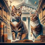 Generate a realistic, high-definition image of cats, accurately reflecting the tabby and tuxedo patterns typical of domestic cats in Belgium. These felines are depicted in a moment of significance, perhaps teetering on the edge of a high antique bookshelf filled with vintage books or poised in front of a grand historical monument. The entire scene should have an air of tense anticipation, as if something momentous is about to happen.