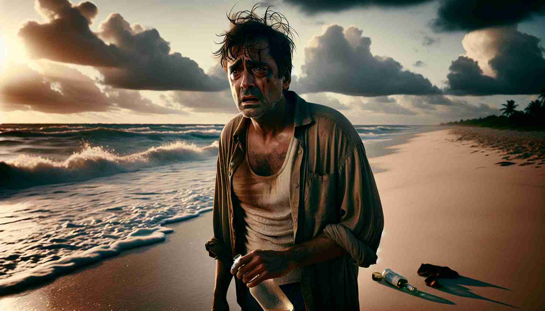 High definition image of a middle-aged, South Asian man looking distressed and lost on a coastal trip. He appears inebriated and his facial expression suggests tragedy. He is standing near the shore with waves crashing behind him. Clouds hover ominously in the sky and his clothes are disheveled, indicative of some unfortunate event. His eyes are teary and filled with regret. The setting sun casts long shadows on the beach, symbolizing the end of his journey. A broken bottle lies near his feet suggesting the state of his intoxication. The image exudes a mood of melancholy and lament.