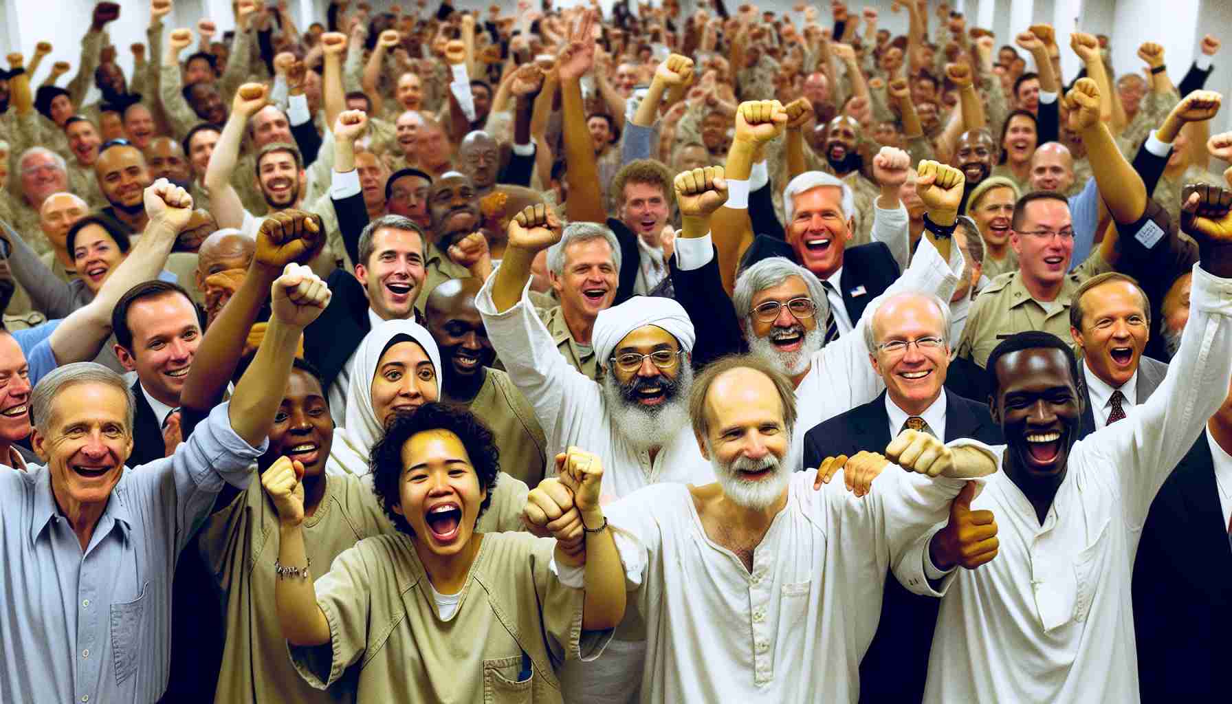 Generate a highly detailed photo of a significant international peace mission. Depict the jubilant moment when twenty-four individuals and two children, representing a mix of Caucasian, Hispanic, Black, Middle-Eastern, South Asian, and White descents, are set free as part of a historic prisoner exchange. The scene captures their relieved expressions and the sense of renewed hope. Surrounding the released individuals, there are representatives from various nations, radiating the sentiment of international unity and success.