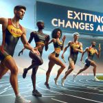 Realistic high-definition image showcasing thrilling transformations in the future for a Belgian relay team. The team consists of four athletes of different descents wearing matching outfits. From left to right: A confident Hispanic woman is passing the baton to an enthusiastic Caucasian man, who is preparing to sprint. Further down the track, a Black female athlete is stretching and getting ready to receive the baton from a Middle-Eastern man who is preparing himself to take it from the Caucasian man. The background reveals a packed stadium with a vivid display reading 'Exciting Changes Ahead'.