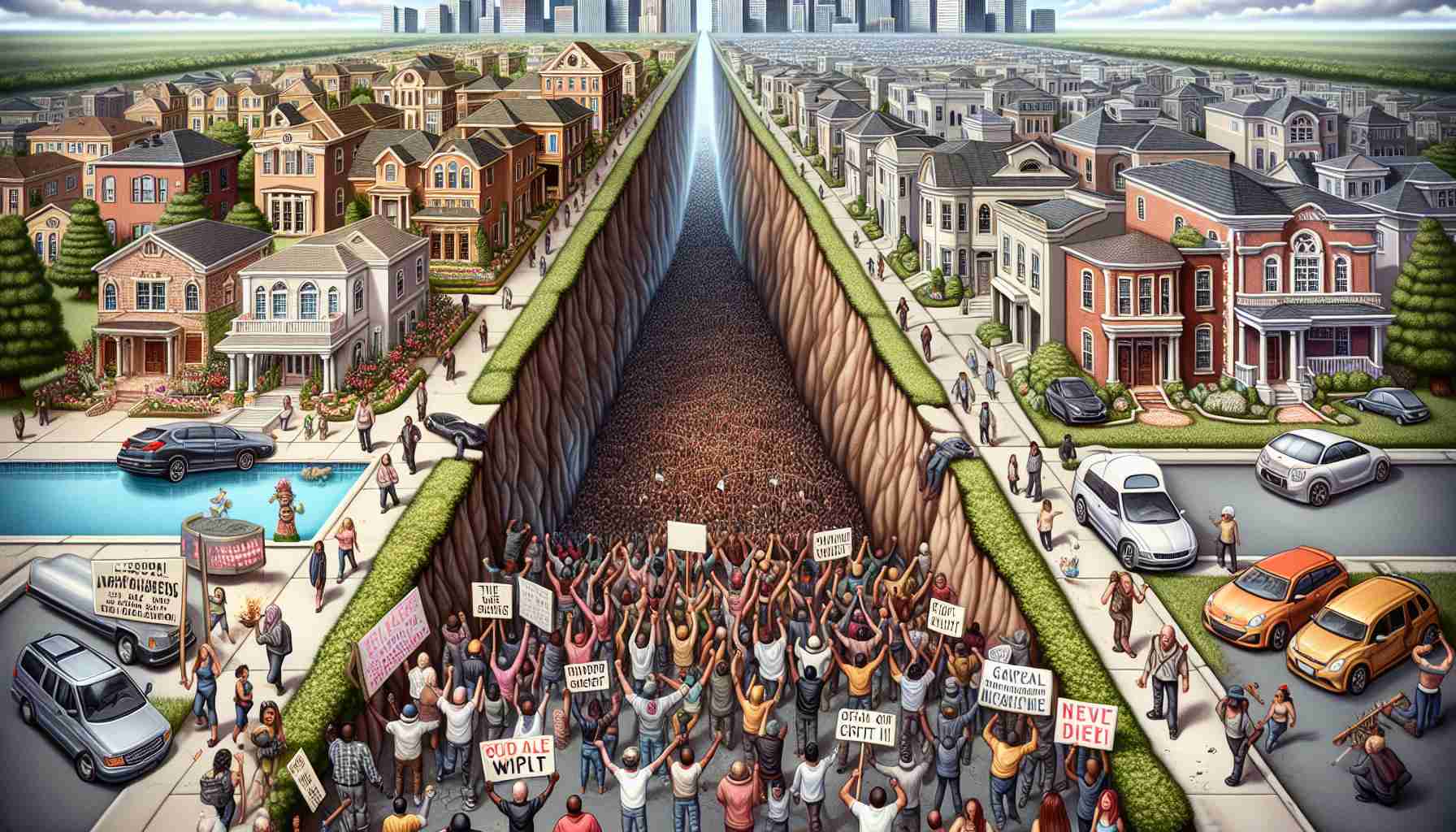 An illustrative representation in high definition of the impact of economic inequality on social unrest. Depict a chasm separating two areas of a city: one filled with opulent mansions, manicured gardens and high-end cars to represent wealth, and the other side packed with rundown buildings, crowds of visibly discontent individuals, and signs advocating for change. Show a large crowd of diverse individuals: men, women, Caucasian, Hispanic, Black, Middle-Eastern, and South Asian, marching with banners toward the affluent side to represent social unrest.