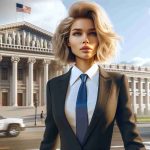 Create a photorealistic image in high definition of an actress with medium-length blonde hair and an athletic physique wearing a professional political attire, as she walks towards a large building symbolizing politics.