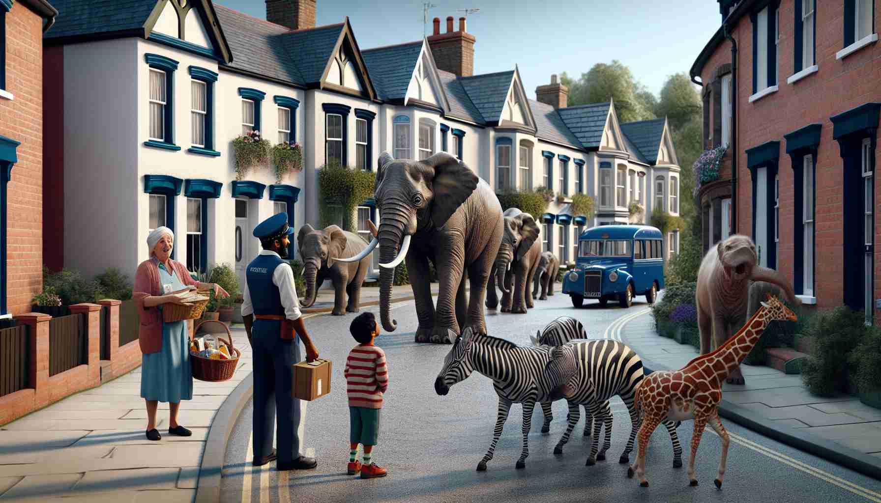 Render a high-definition, realistic image of an unexpected event taking place in a quaint neighborhood. Picture a quiet, peaceful street lined with charming, unique houses. Suddenly, an unusual sight appears - a mixed herd of elephants, zebras, and giraffes, meandering contentedly down the road. Bemused residents, a Middle-Eastern male postman, a South Asian female baker, a Hispanic elderly couple and a Black child looking on in surprise and intrigue as this unexpected safari calmly explores their homely neighborhood