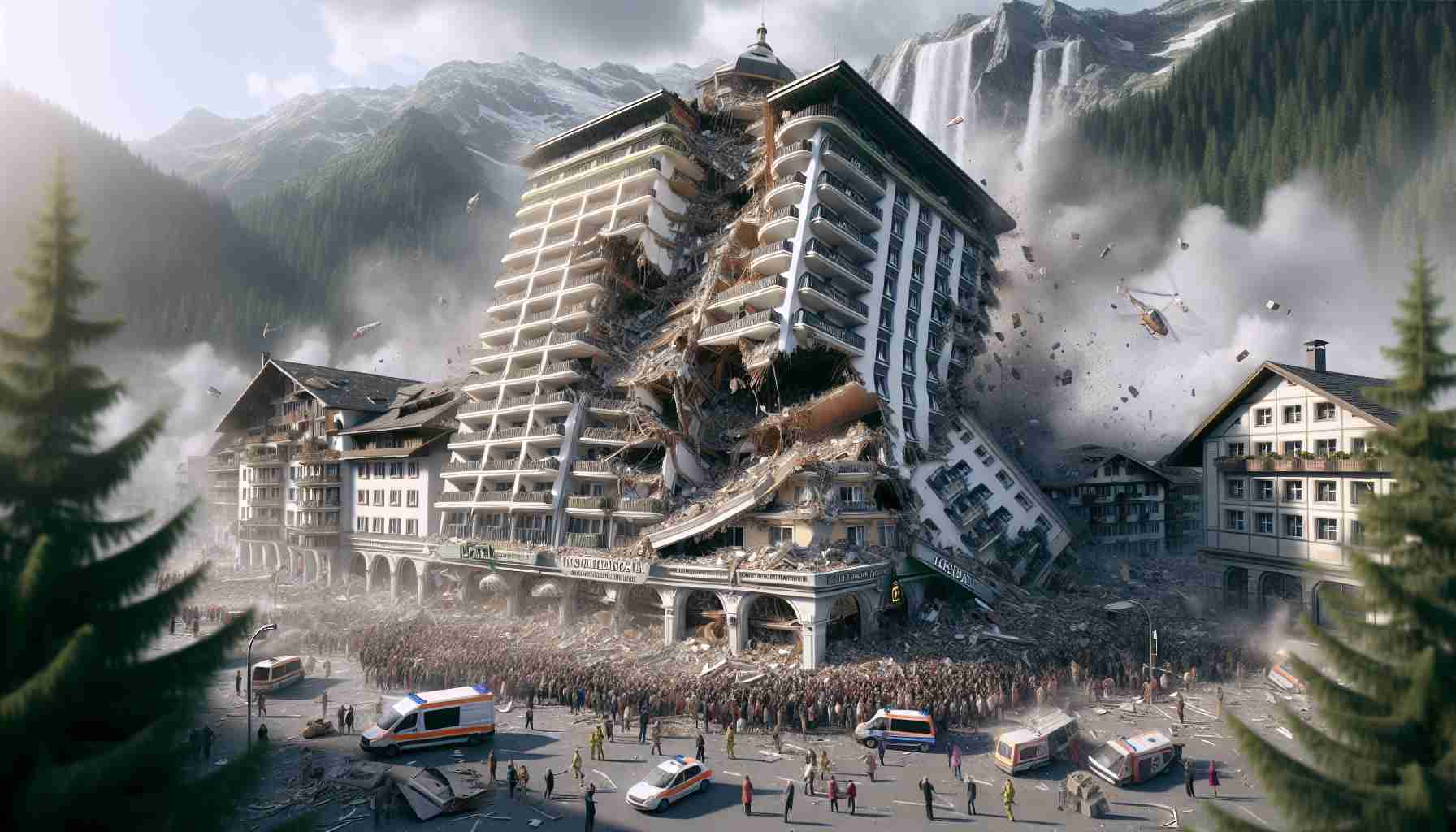 A high-definition, photorealistic image of a disastrous scene in a popular tourist town. A multistory hotel building, once a majestic symbol of hospitality, is now partially collapsed. Crowds of terrified people are gathering safely away from the falling debris, while emergency services quickly respond to the tragedy. Amidst the chaos, the sheer power of nature and the fragility of human constructions become evident.