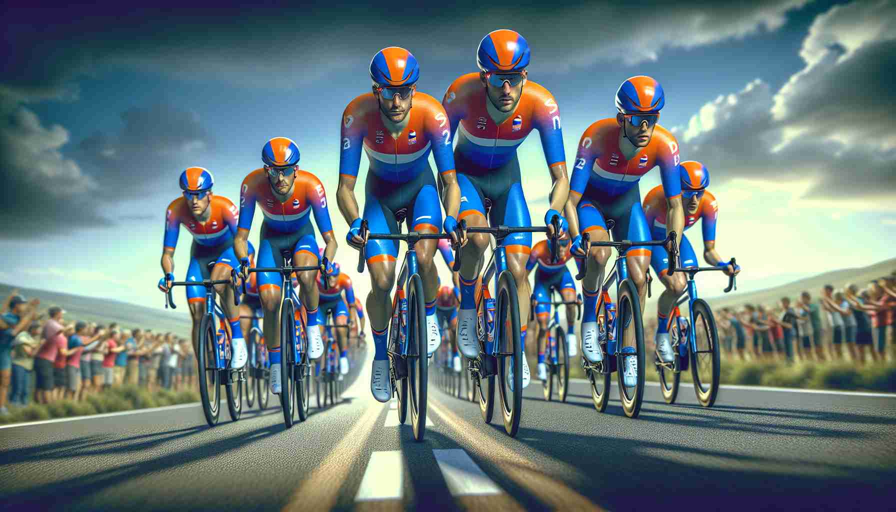 Generate a realistic, high-definition image of a group of cyclists, each one wearing the vibrant orange and blue uniform associated with the Netherlands. They are in the midst of a European Championship race. Show them flying down the road, faces determined and focused, as they lead the pack, exemplifying the athleticism and high skill level that has propelled them to the forefront of this continental competition. Add an atmospheric European countryside in the background to set the scene, with supporters cheering them on from the sidelines.