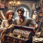 Create a realistic high-definition image depicting a surprising scene: A Middle-Eastern woman and a Caucasian man, both in their forties and casually dressed, are standing in an antique-filled room. They're sifting through a large wooden chest full of old artifacts - ancient books, jewelry, sepia-tinted photos, and an old map. Their faces are lit with astonishment and delight as they hold an ornate, brilliantly gem-encrusted golden key, unaware of the adventures the inheritance will bring.