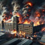 A high definition, realistic depiction of a massive fire consuming a historic warehouse located on an industrial estate. The warehouse features architectural elements that suggest its antique nature against a backdrop of other industrial buildings. The fire blazes with intense hues of red, orange, and yellow, engulfing the entire warehouse. Thick smoky clouds of black and gray billow into the sky, casting a grim shadow over the scene. Emergency vehicles are seen in the foreground attempting to control the fire, their flashing lights adding drama to the intense scene.