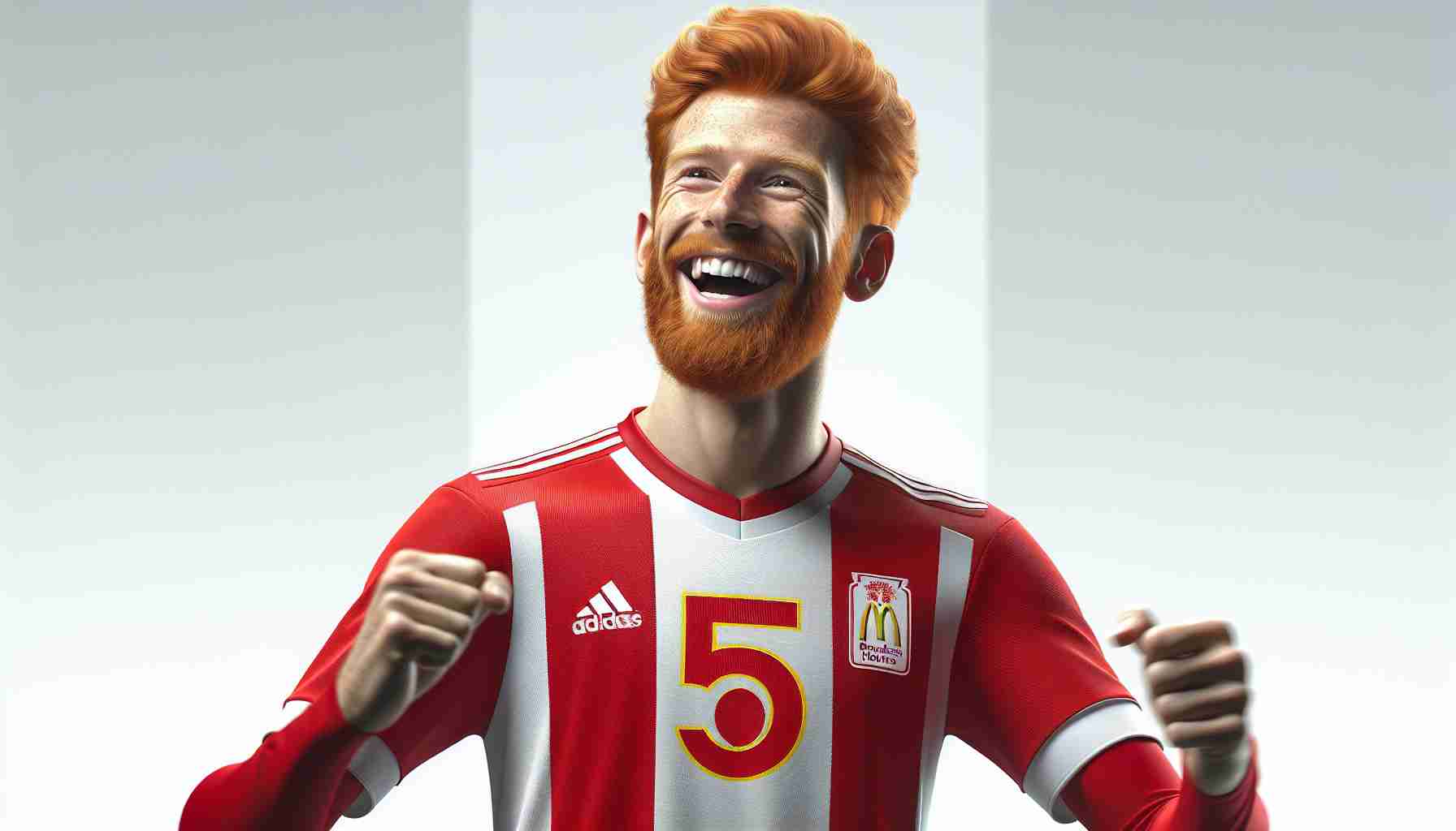 High definition realistic image of a professional football player with ginger hair, celebrating the fifth anniversary of a renowned charity initiative providing support to families in need, similar to Ronald McDonald House. He's wearing a red and white football kit, which closely resembles the colors of the initiative. The football player is joyful and full of energy, exemplifying the spirit of giving and community service.