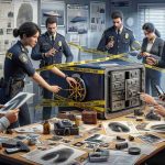 A realistic, high-definition image of an investigation underway within a maritime police station. Please include various clues such as scattered police reports, photos, a partially cracked open safe, and yellow police tapes around the safe. In the scene, provide a depiction of a diverse group of investigators including a South Asian female officer in her uniform, a Caucasian male detective with a magnifying glass, and a Hispanic female forensic analyst examining fingerprints.