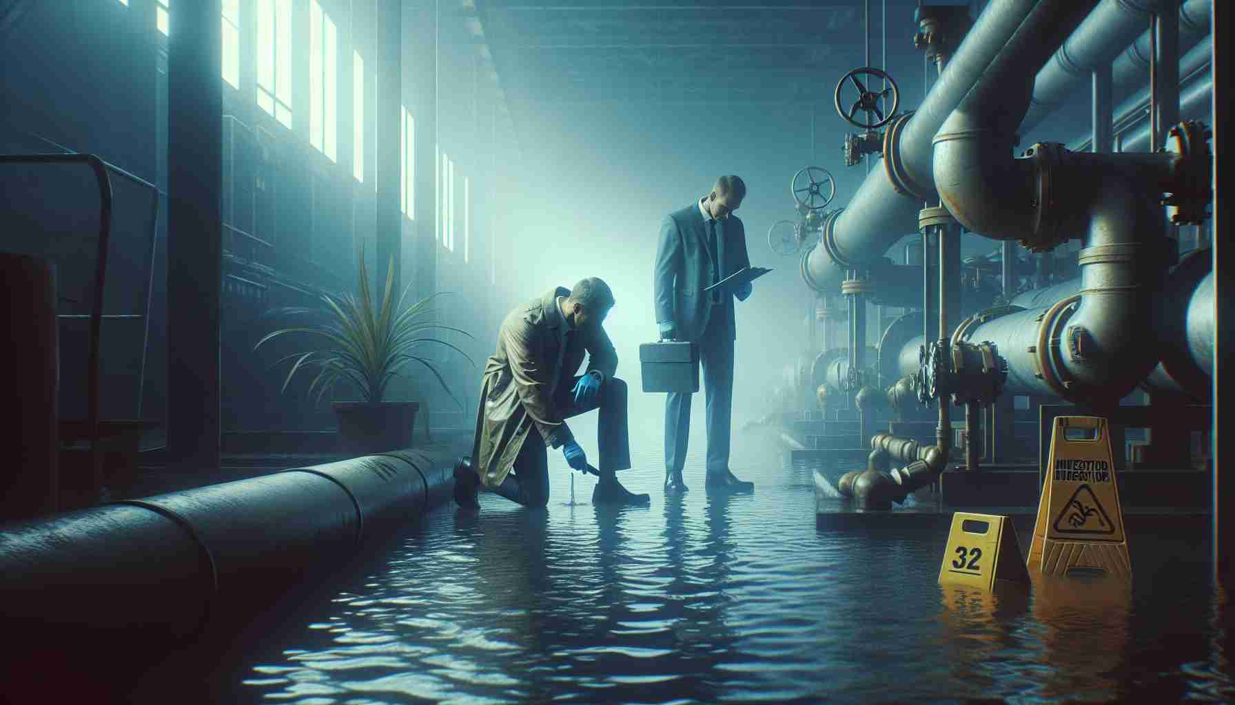 Create a high-definition, realistic image of an interesting scene unfolding at a water control facility. In this situation, investigators have uncovered an unexpected intruder. Evidence of the intrusion should be visible, perhaps with disruptions or signs of tampering in the facility's operation. The atmosphere is tense and mysterious, with investigator personnel meticulously examining the premises for further clues to identify the intruder. Avoid featuring any specific individuals and instead focus on the procedural aspects of the investigation.