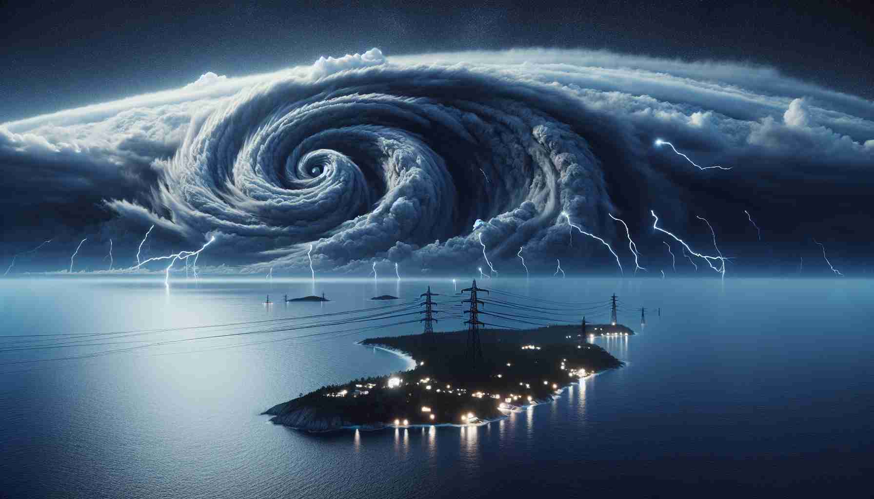 Visualize a realistic high-definition image of a large tropical storm looming over the ocean, its spiral arms dominating the horizon. Dark grey clouds gather intensity as they hint at impending storms. Far in the distance, an island that represents Cuba can be seen. The island is experiencing an electricity crisis, depicted through twinkling lights sporadically going out across the island, denoting frequent power cuts. This scene portrays increased struggles of the location as nature's force intensifies.