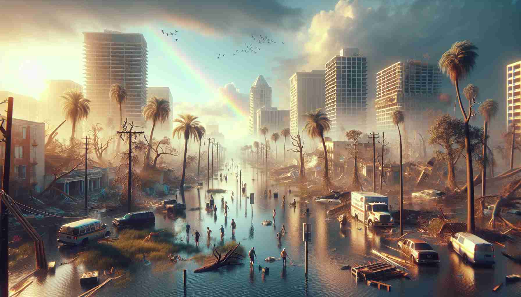 Generate a hyperrealistic, high-definition image depicting the scene of 'New Beginnings' after Hurricane Lila has struck Florida. Visually narrate the story of resilience and recovery post-natural disaster, showcasing a damaged cityscape with uprooted trees, dilapidated buildings, flooded streets; contrasted by the undying spirit of humans as they start the clean-up process, rebuilding their homes. Include details like the morning sun casting long shadows, people working together in the clear-up, birds returning to the skies, and a rainbow arching over the storm-ravaged city.