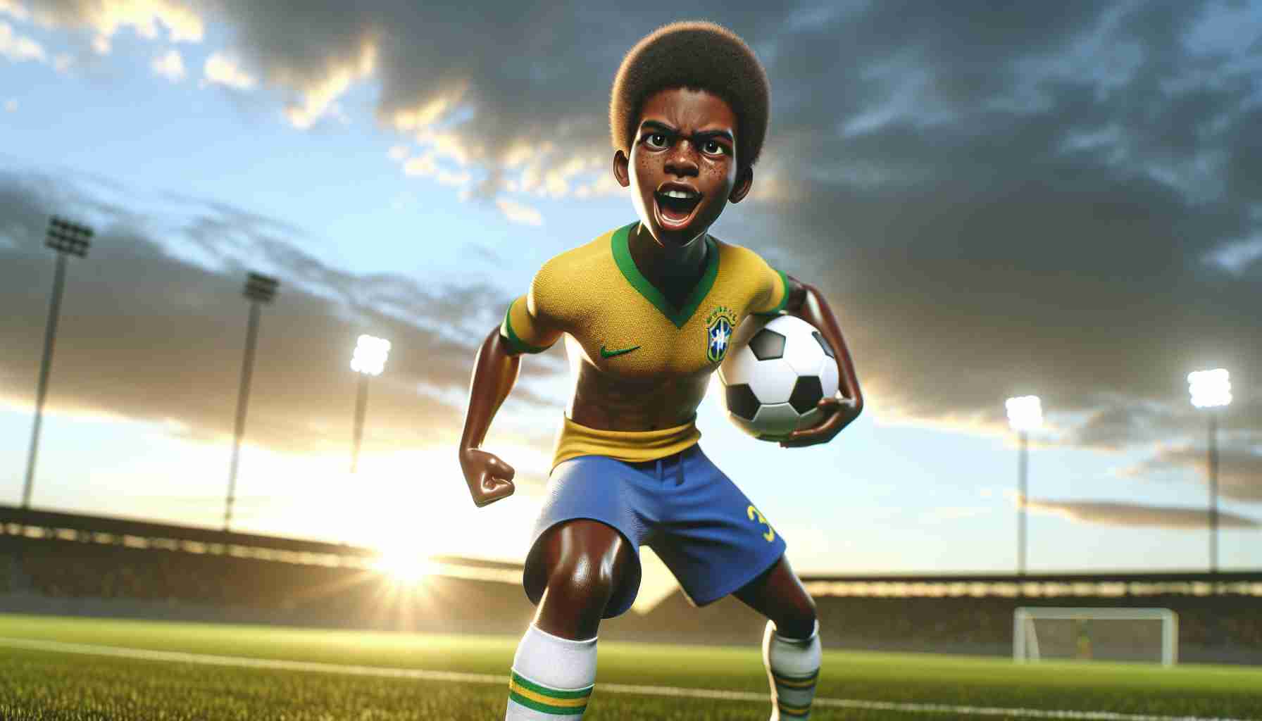 A lifelike, high-definition image of a young Brazilian soccer player challenging the status quo. He is of African descent, standing defiantly on the pitch with the sun setting behind him. He's decked in full football gear, excitement and determination evident on his face. Note the hint of rebellion in his stance.