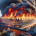 A high-definition realistic image of an intense, massive fire engulfing a large furniture warehouse, located in a city resembling the architectural style of Bruges - known for its cobblestone streets and medieval buildings. Flames are voraciously consuming the structure with thick, billowing smoke darkening the skyline. Nearby, firefighters work steadily to control the blaze while a crowd of onlookers watches from a safe distance.