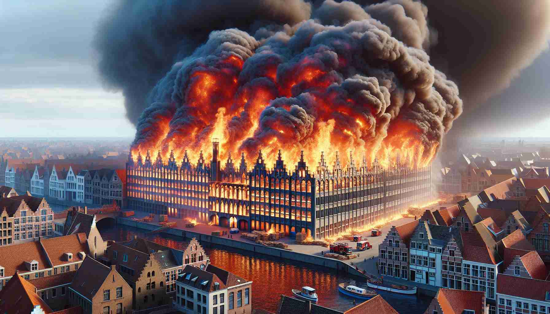 A high-definition realistic image of an intense, massive fire engulfing a large furniture warehouse, located in a city resembling the architectural style of Bruges - known for its cobblestone streets and medieval buildings. Flames are voraciously consuming the structure with thick, billowing smoke darkening the skyline. Nearby, firefighters work steadily to control the blaze while a crowd of onlookers watches from a safe distance.