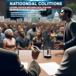 A high-definition image portraying the effects of national politics on local coalitions. The scene could represent a town hall meeting, with individuals of diverse backgrounds - a Caucasian male community leader passionately addressing the crowd, a Hispanic female activist listening attentively, and a Black male legislator making notes. In the background, a large screen shows nationwide policies impacting the local scene, perhaps changes in taxation or environment laws. The atmosphere is intense and everyone seems deeply involved in the discussion.