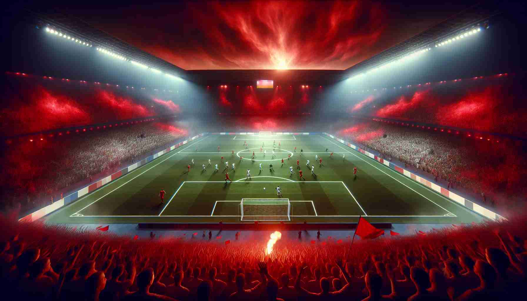 A high-definition, realistic image of an intense football match in the Euro 2025 qualifier. The pitch is bathed in an ethereal red hue as two predominantly white and blue uniformed teams battle against each other. The metaphorical 'red flames' represent the fierce competition and passionate spirit of the game. The relentless drive of one team, colloquially known as The Red Flames, is visibly dominating the match staged in a grand, packed stadium in Athens, Greece. On the sidelines, jubilant fans wave banners and flags heightening the charged atmosphere.