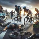 Realistic high-definition image of a devastating road accident involving cyclist tourists, leaving them shocked and saddened.