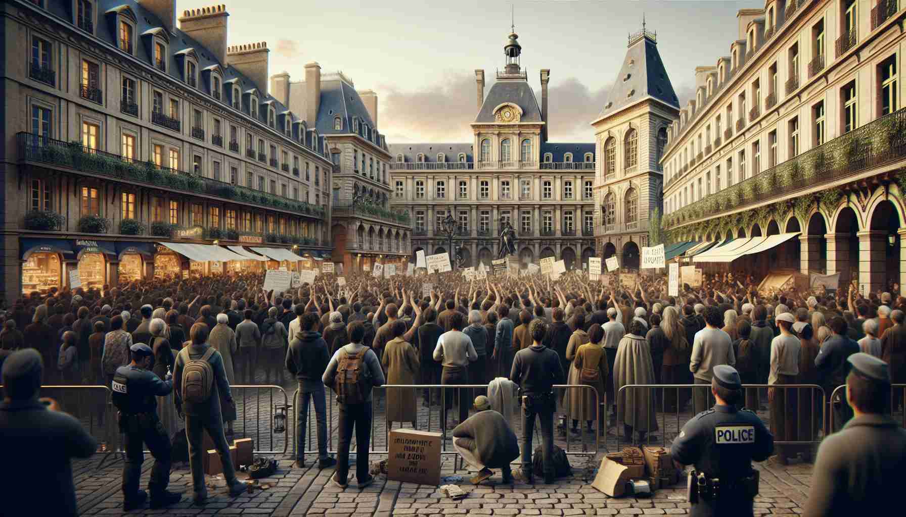 Realistic HD image showcasing a scene of civil unrest and tension in a grand city renowned for its light and beauty. The city is densely populated with historic architecture, charming cafes, and street vendors. The crowd gathered in the main square is diverse, featuring men and women of Caucasian, Black, Hispanic, Middle-Eastern, South Asian, and White descent. Placards and banners, expressing various sentiments and demands, are held high as people voice their concerns. Police are cordoning off areas, trying to keep control and maintain peace in this troubled time.