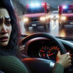 A realistic HD image of a traffic incident scene where a distressed South-Asian female driver faces the aftermath of a fatal incident. She is shown in her vehicle, the steering wheel in her hands, a look of realization and shock etched on her face. The background renders the scene of the accident with flashing emergency lights reflecting off rain-soaked asphalt.