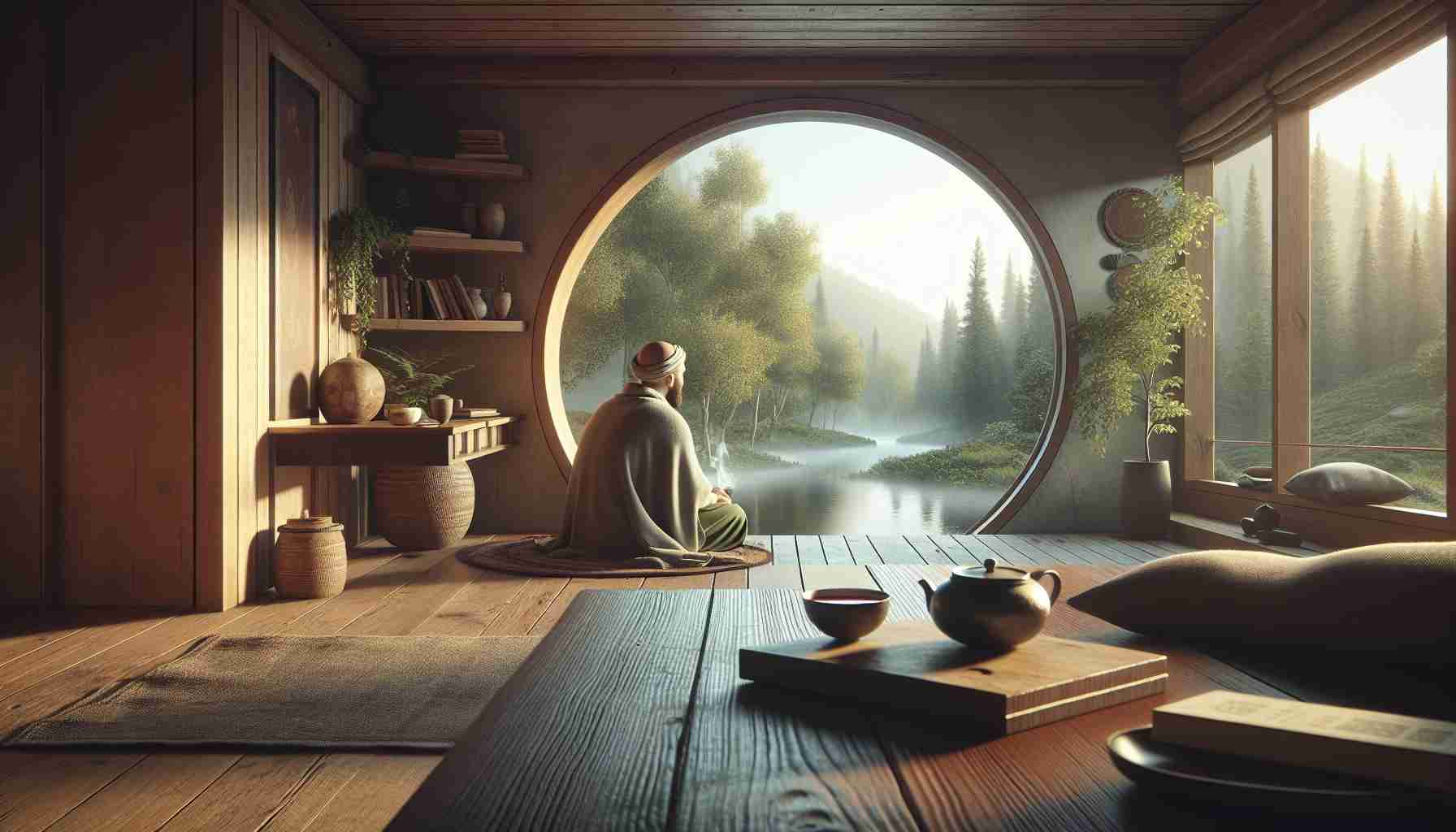 Realistic high-definition image representing the concept of 'Embracing Solitude: A Lifestyle Choice'. Picture this scene: an individual, perhaps Middle-Eastern in descent, sitting quietly in a simply furnished room with a large circular window overlooking a tranquil, untouched natural landscape. The room is filled with soft light, enhancing the peaceful atmosphere. Natural elements like a wooden table with a pile of books, and a steaming cup of tea in a ceramic mug suggest wholesome hobbies, while a comfortable chair indicates relaxation and contemplation. The individual is lost in thought, symbolizing solitude as a deliberate and empowering lifestyle choice.