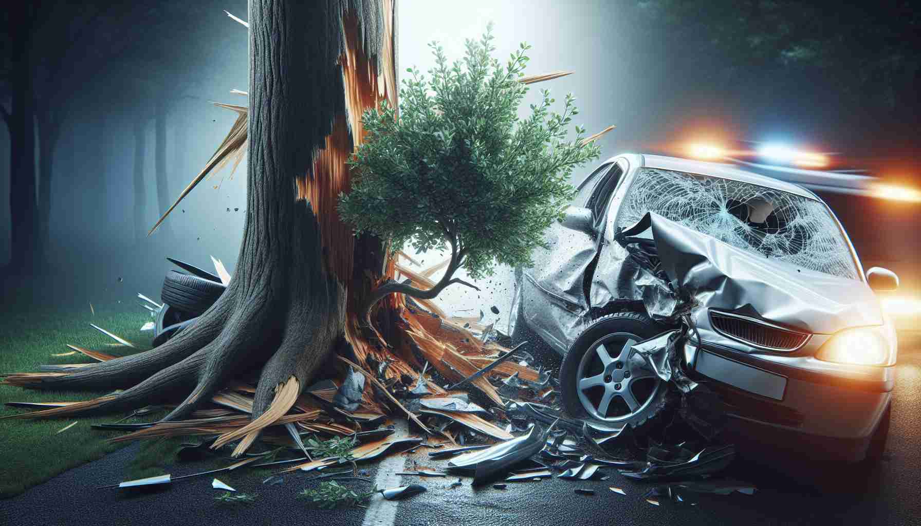 An ultra-high-resolution image depicting the scene of an accident where a car has crashed into a tree. The car is heavily damaged with its front end crumpled and the windshield shattered. The tree the car has hit is splintered, with broken branches lying around. Alongside the image, the text 'Tree-Related Car Accidents: A Growing Concern' can be seen clearly in bold letters. The overall image atmosphere should induce a sense of caution and awareness of the daily hazards one can encounter while driving.