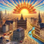 A detailed HD scene depicting a new chapter in the political landscape of the Belgian city, Antwerp. The imaginary illustration includes symbolic elements such as traditional Antwerpian architecture, along with a metaphorical sunrise symbolizing a new beginning. Please avoid any representation of specific politicians or public figures.