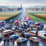 A detailed, high-definition image of a multi-vehicle collision causing a traffic disturbance near a location reminiscent of the rural landscapes in Zonnebeke, Belgium. The scene showcases assorted vehicles in varying states of damage with flashing red and blue emergency lights in the backdrop, milling around of police and emergency services personnel donning their uniforms, and a disrupted flow of traffic. The background should depict a panoramic view of wide open fields distinctive of Zonnebeke's landscape along with a characteristic old European town skyline in the distance.