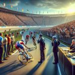 A highly detailed, realistic image representing a controversial move in a cycling race that leads to a suspension. The scene should capture a critical moment where a cyclist makes a faulty move, leading to tension, and an impending suspension. Around, spectators react with surprise, and officials consider their decision. The setting is a professional race track filled with an audience, booming with energy and intensity. The lighting should reflect a sunny afternoon, and the image should possess a high-definition quality with vibrant, rich colors.