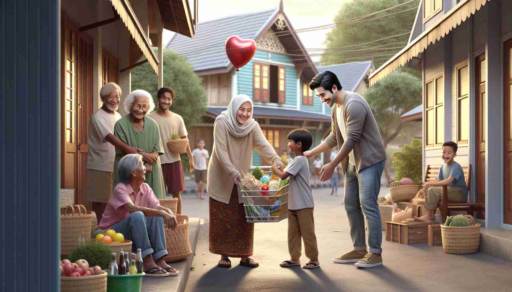 Create a high-definition, realistic image representing acts of kindness within a small community setting. The scene should include an East Asian man helping a Middle Eastern elderly woman carry her groceries. In the background, a young Caucasian boy is handing a balloon to a South Asian girl. The area is filled with laughter and joy, portraying a warm, neighborly atmosphere. The backdrop of this image is the quintessential small town complete with traditional houses and a tree-lined street.