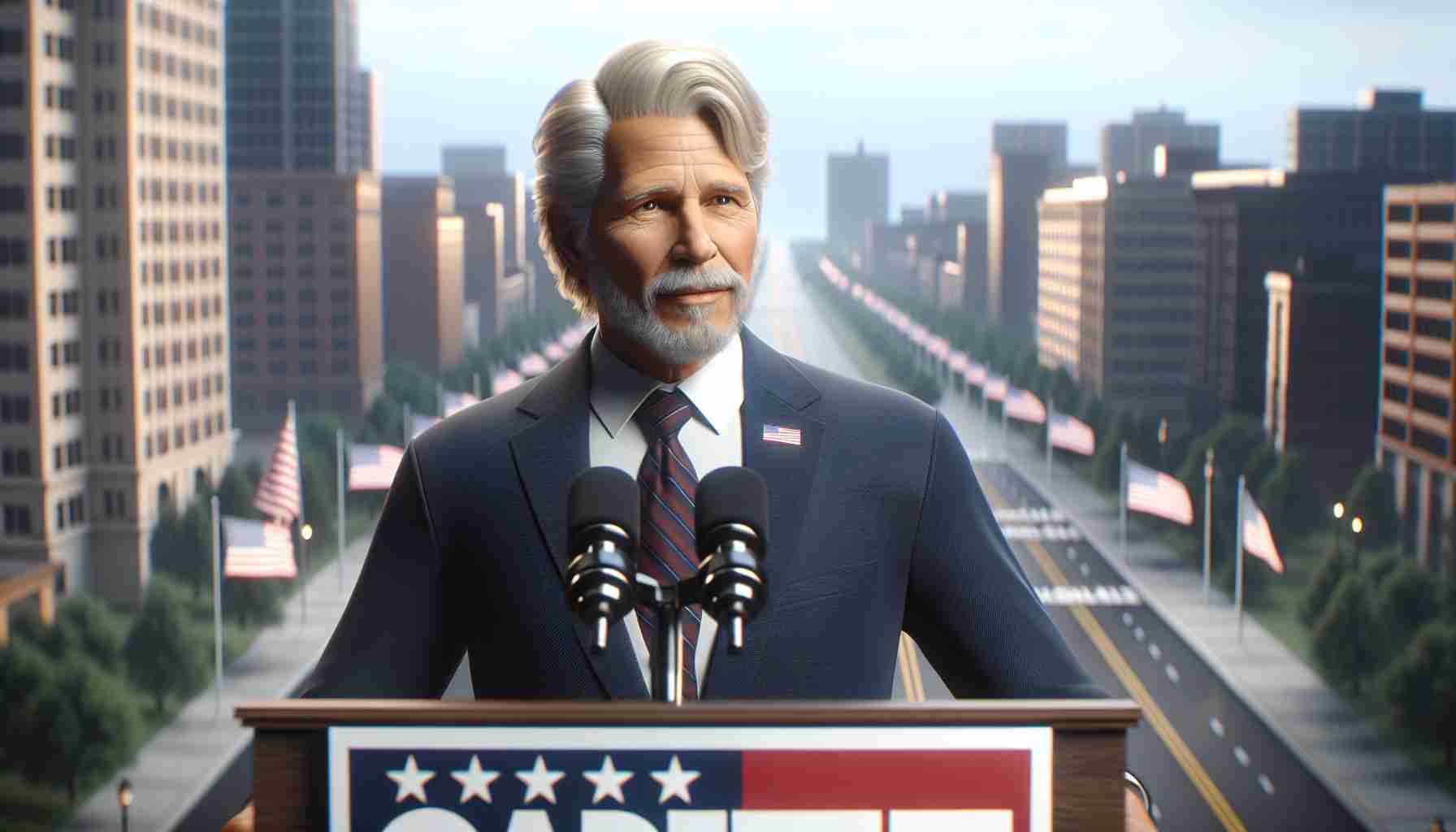 High definition realistic image of an older man with blondish hair and a traditionally styled navy blue suit finishing up political campaign activities in Michigan delivering impactful speeches and making bold promises.