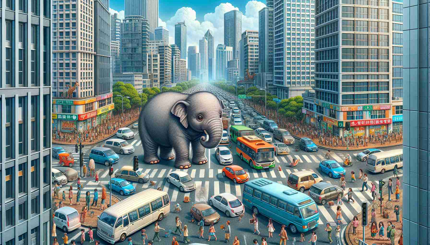 A detailed high-resolution image depicting a busy morning commute in the city with an unexpected twist. Everybody seems to be in a hurry, hurrying to their offices, shops, and schools. The cityscape is filled with towering buildings and rushing vehicles. However, something unusual is causing delays in the regular flow. An adorable, confused elephant has somehow found its way into this concrete jungle. People are looking bewildered yet amused. Vehicles have made a safe distance, making way for this unexpected visitor, causing a slight delay in their journey.