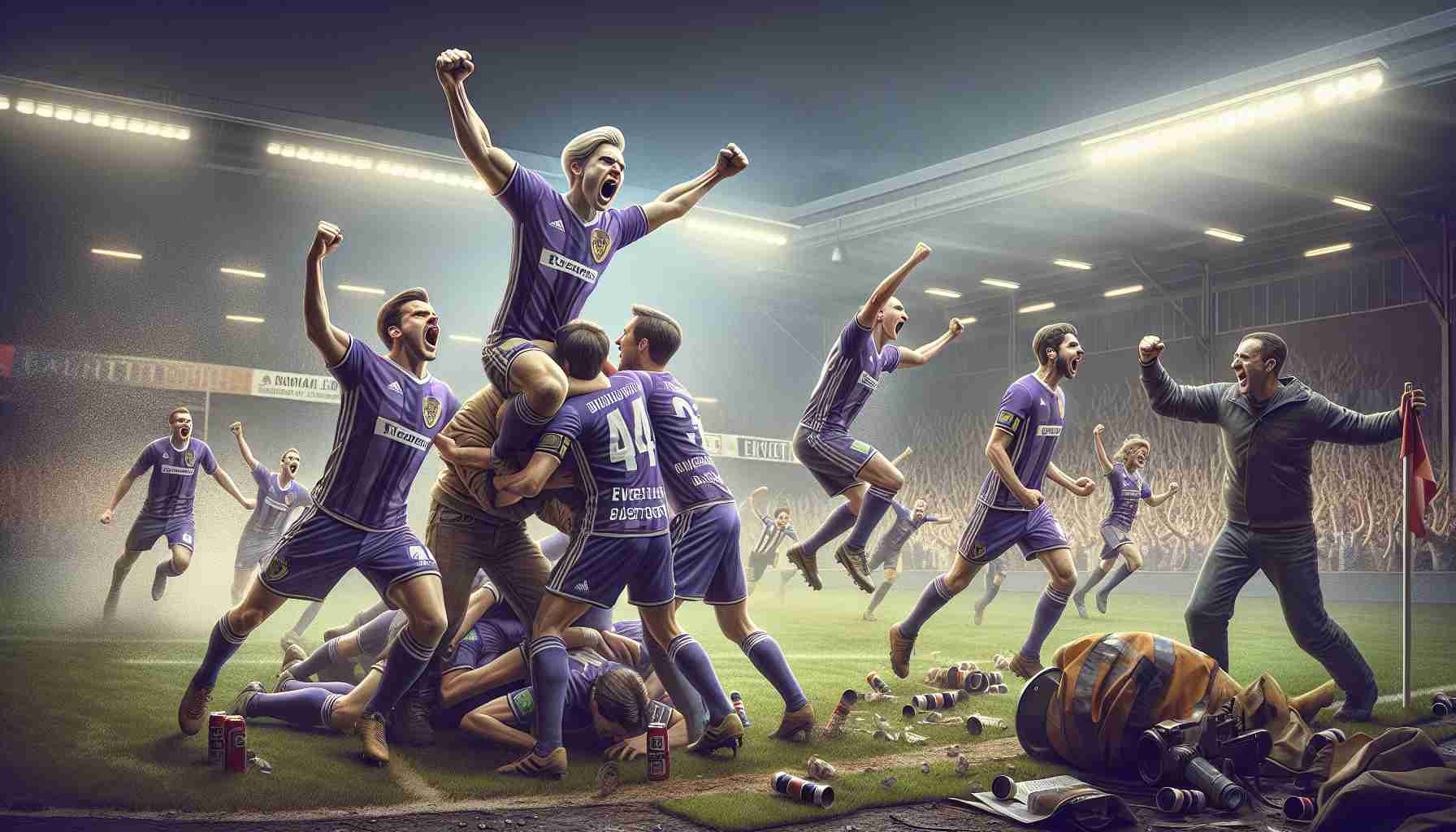 Generate a realistic, high-definition image of a football match where the team from Anderlecht is celebrating a triumphant victory over their opponents from Tubize-Braine, depicting the emergence of new rivalries. The image should capture the euphoric celebration of the Anderlecht players, the tension in the air, and the disappointment of the Tubize-Braine team.