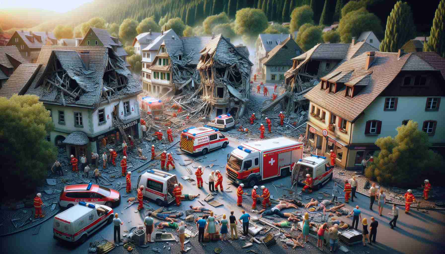 A highly detailed and realistic image capturing a tragic scene in a small town, where an unexpected accident has unfortunately claimed multiple lives. The scene shows emergency services at work, surrounded by concerned onlookers. The calamity has left behind noticeable damage, such as broken structures and scattered debris, painting a stark picture of the tragic event that has unsettled this peaceful town.