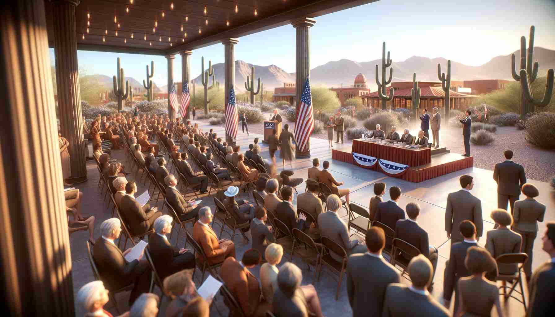 A photo-realistic, high-definition image showcasing a dynamic scene of a political event in a generic location. The scene captures the feel of a bustling atmosphere, with individuals engaging in passionate discussions and making decisions. The environment should suggest a warm and dry climate, characterized by desert vegetation and architecture typical of southwestern United States.