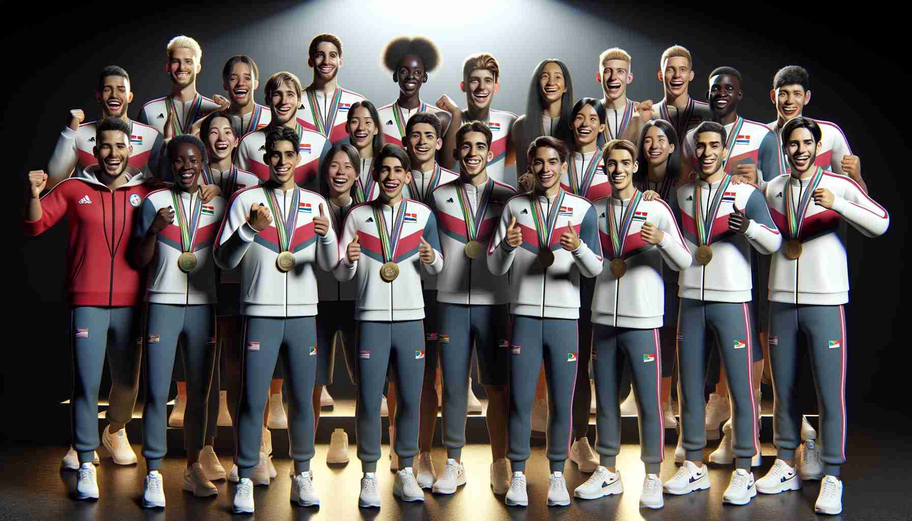 A high-definition, realistic image showcasing a group of up-and-coming athletes noticeably excited and proud, wearing uniforms representing their country's national team. The athletes are diverse, with some being Caucasian, others being Middle Eastern, others being African, some being Hispanic, and others being South Asian. The genders are well-represented too, with male, female, and non-binary athletes present. They are standing on a spotlight-illuminated stage and you can see medals around their necks and the happiness in their expressions reflects the hard-earned success.