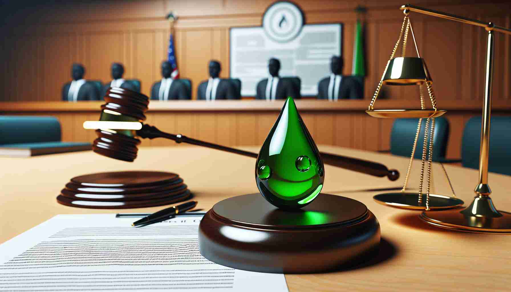 A realistic high definition image illustrating the concept of a court upholding an oil company's approach to climate impact. The scene includes a judicial gavel coming down in favor of a green-themed oil droplet. The droplet is illustrated as a conventional oil drop but colored green to depict its eco-friendly motive. A backdrop of a courtroom or a legal document is also present to represent the court's approval. These symbolic elements collectively illustrate the scene without featuring any specific logos or company names.